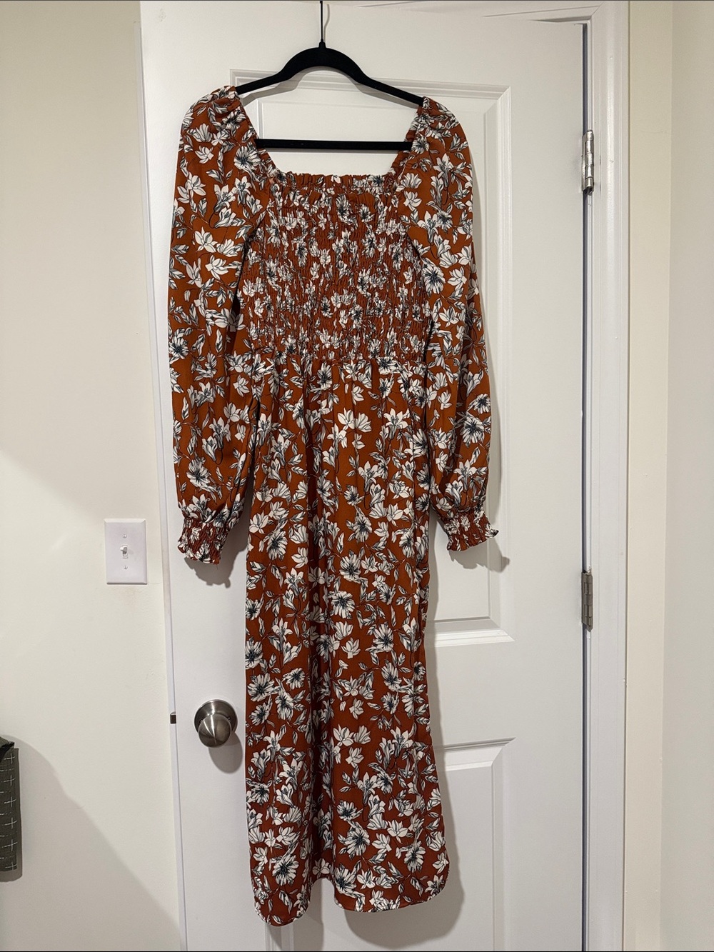 La Ligne Rust Floral Smocked Midi Dress with White Print